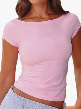 Women's Pink Boat Neck Short Sleeve T-Shirts Y2K Cute Going Out Tops Summer